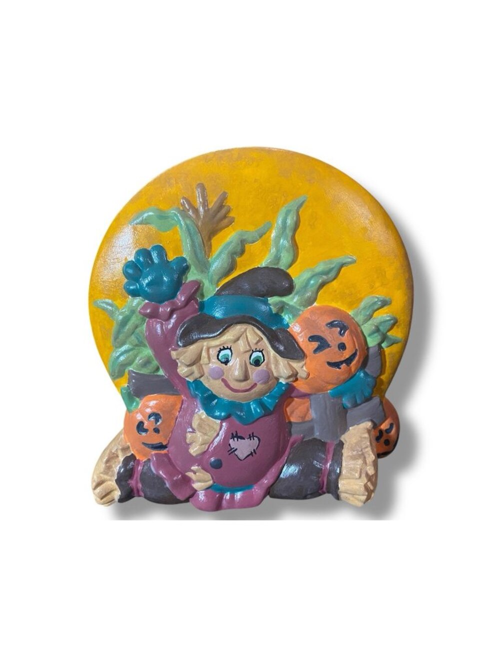Vintage Halloween Ceramic Mold Scarecrow Moon Jack O Lantern 8” Plaque Figurine